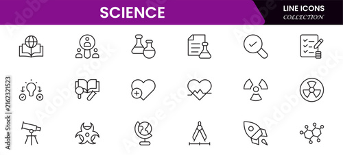 Scientific Line Icons Set Biology, Physics, Chemistry and Laboratory Research Outline Vector Collection.