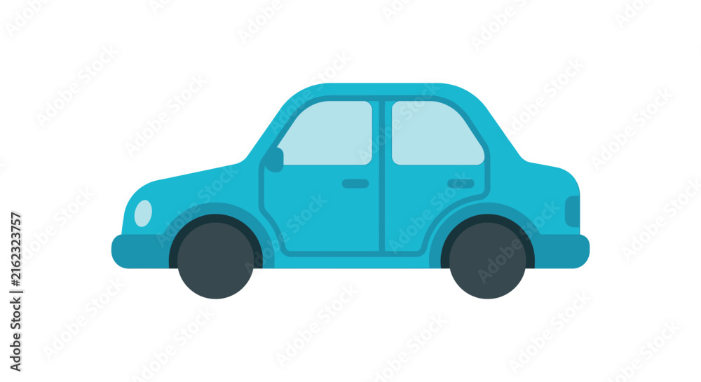 Obraz premium Turquoise sedan illustration depicts a simplified four door passenger vehicle on a white background