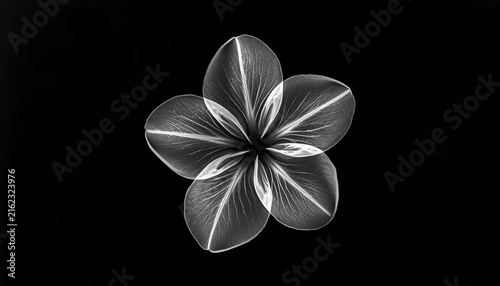X-Ray Plumeria Flower Showing Detailed Petal Veins and Internal Structure, Monochrome Botanical Anatomy on Dark Background
