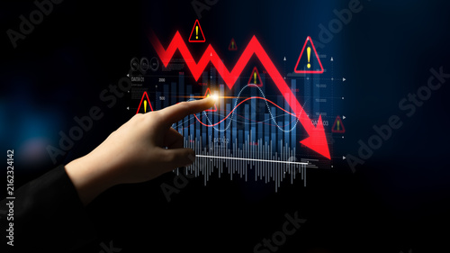 Konstfotografi Economic caution visualized with fluctuating market graph, alert symbols, and negative data trends