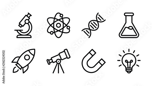 Scientific research and laboratory equipment outline icons for science and technology with research
