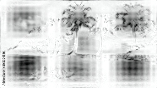 Abstract halftone dot palm tree silhouettes on beach backdrop with tropical summer vibe.