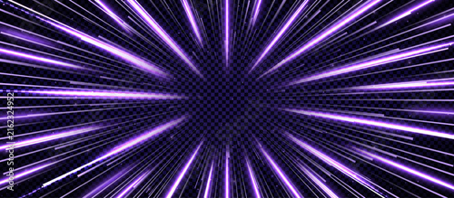 Realistic purple hyperspace travel tunnel overlay. Abstract with open space star warp. Speed of light journey concept. Vector illustration