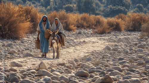 Biblical scene of joseph walking while mary rides a donkey through a rocky landscape