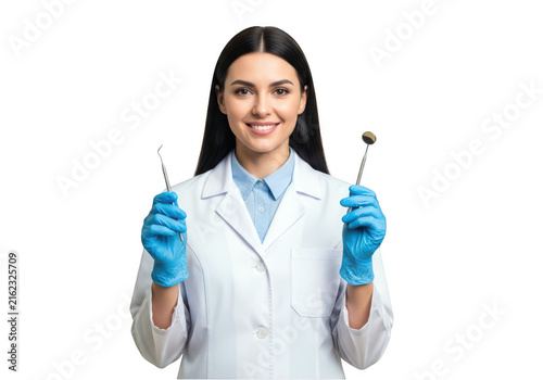 Smiling female dentist holding dental tools