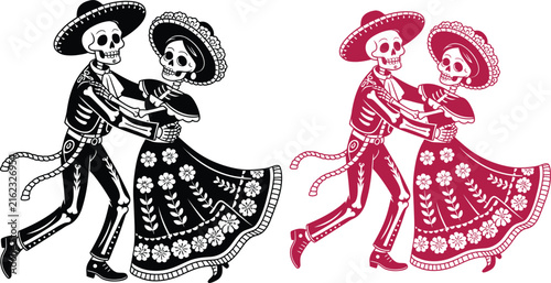 Dancing mexican skeletons vector. Dying day mariachi couple. Folk art catrina and catrin illustration. Monochrome and color options for cultural design.