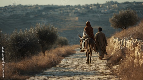 Mary riding a donkey with joseph walking beside her on a stone path towards a distant ancient city