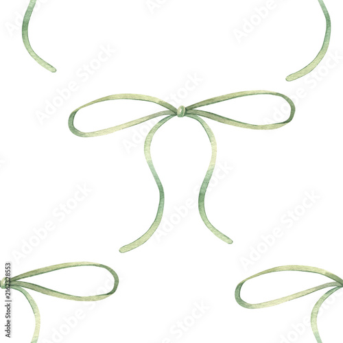 Seamless pattern, green bows. Hand-painted watercolor illustration isolated on white for textiles, fabric, stationery, wallpaper, packaging, fashion, wrapping paper, gift, branding, home decor