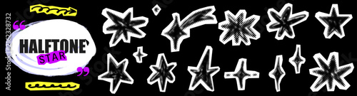 Y2K star burst sticker with halftone dot pattern. Pixel shapes and splashes shine around a bold star, while halftone texture adds a retro pop energy to every dot.