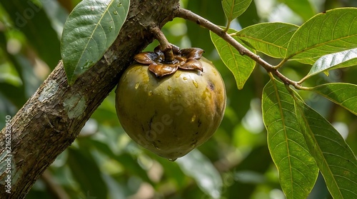 Round green fruit with brown calyx on tree branch with leaves