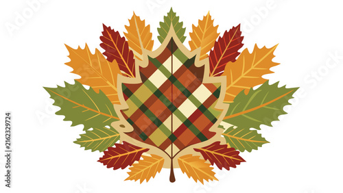 Editorial autumn leaves arrangement plaid tartan pattern vector illustration with seasonal checkered colorful thanksgiving background november september backdrop vector illustration