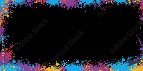 A colorful splatter pattern frames a central black rectangular space creating a dynamic visual border abstract acrylic
