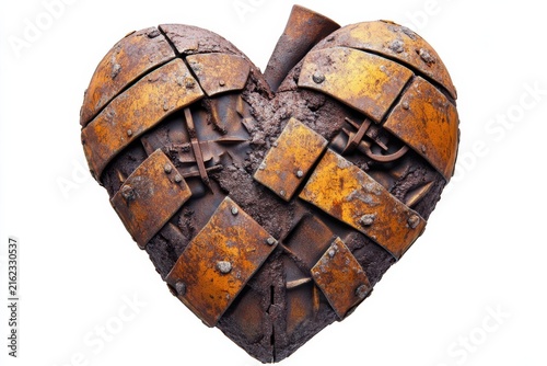 Intricate mechanical heart made from aged rusted metal plates and gears
