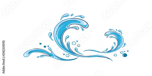 Blue water splash wave illustration with liquid drops and bubbles