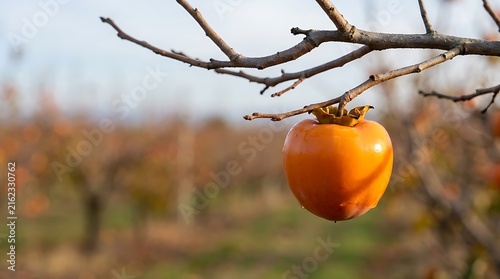 Single orange persimmon fruit on a bare tree branch in autumn