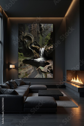 Artwork of a waterfall displayed in a modern living room with a cozy fireplace and dark furniture