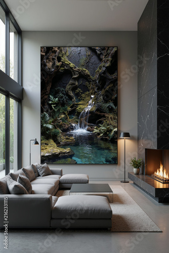 Interior scene showing a large nature mural in a modern living room with a cozy atmosphere