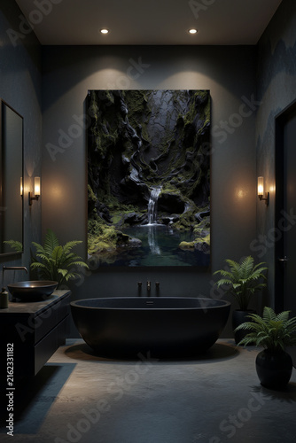 Relaxing bath area with dark walls and plants, featuring a waterfall painting above a black bathtub