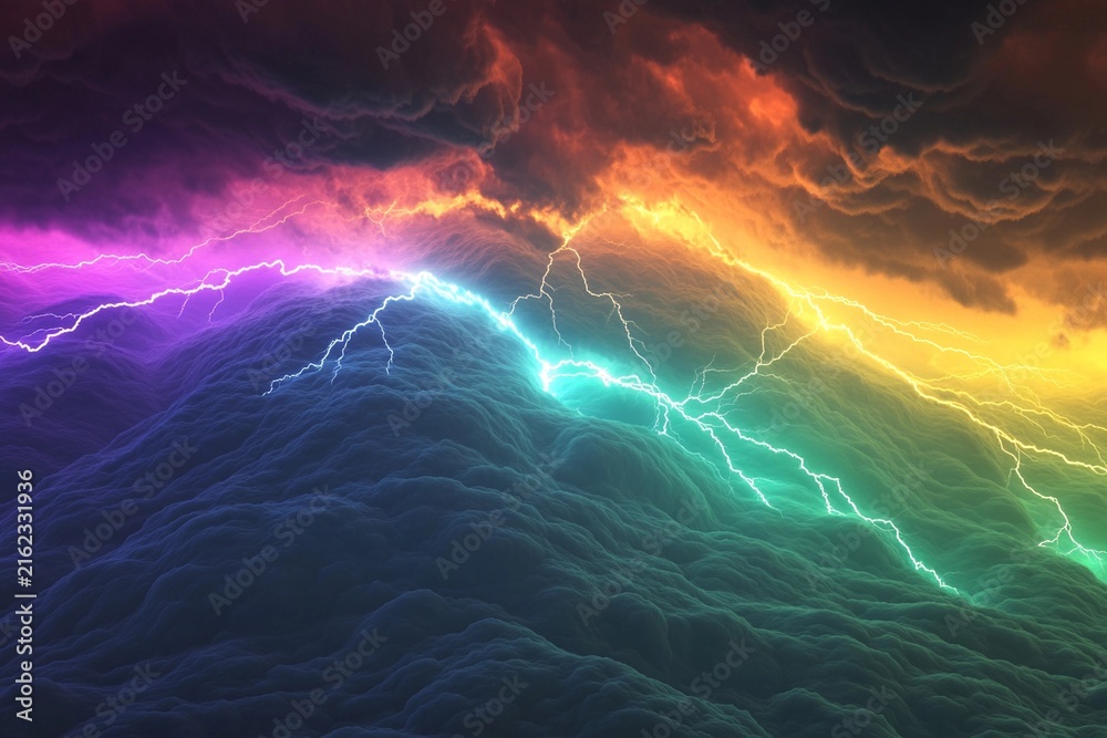 Obraz premium Rainbow lightning illuminates a stormy sky with vibrant colors