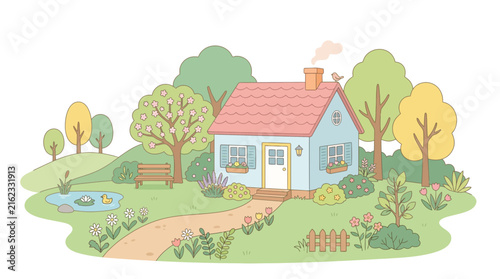 Cute cartoon house in a lush garden with pond and trees, vector illustration.