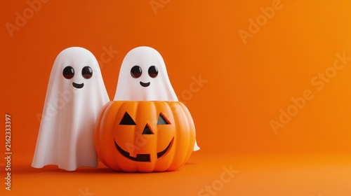 Ghosts and a carved jack-o'-lantern sit on an orange surface for Halloween.