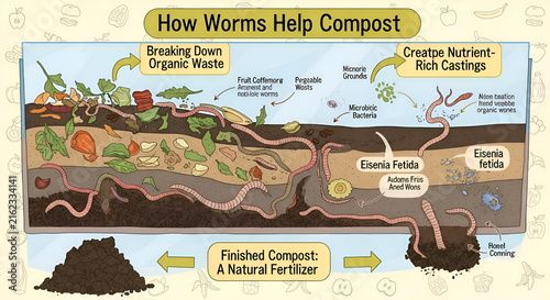 Educational diagram showing how worms help break down organic waste to create nutrient-rich castings for natural fertilizer, perfect for gardening