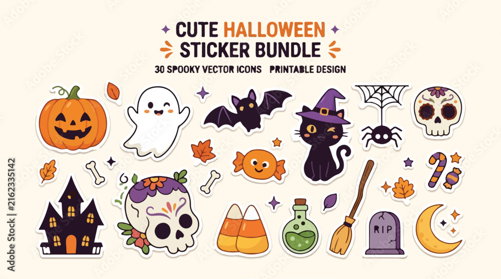 Fototapeta premium Cute halloween sticker bundle, 30 spooky vector icons, printable design set. Orange and black magical symbols, pumpkin, ghost. Festive clipart collection. Halloween editable eps