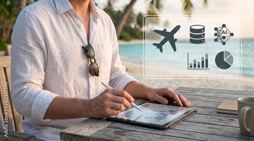 Summer Beach Resort Data Analyst Examining Airline Industry Datasets with Large Information Overlay