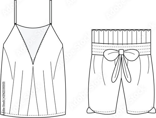 Obraz na plátně Technical fashion sketches of camisole top and bow waist shorts with detailed fr