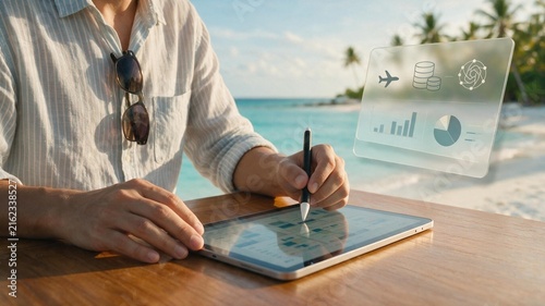 Summer Beach Resort Data Analyst Examining Airline Industry Datasets with Information Overlay