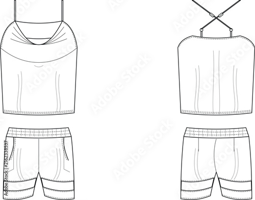 Obraz na plátně Technical fashion sketches of camisole top and casual shorts with front and back