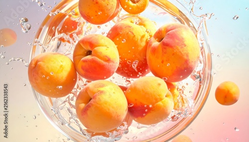 Fresh Peaches Splashing Clear Water Under Soft Light