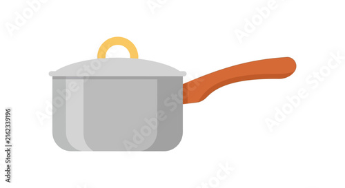 A small saucepan with an orange handle is depicted in a flat vector style