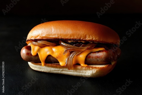 Bratwurst sandwich with melted cheddar cheese and caramelized onion on black background