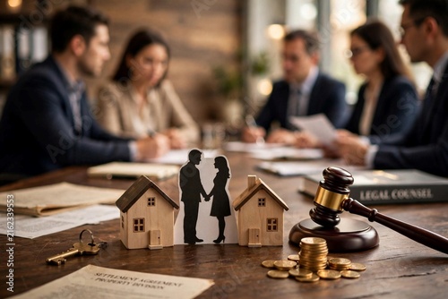 Divorce Property Division Concept with Wooden Toy Houses Gavel and Lawyers Meeting