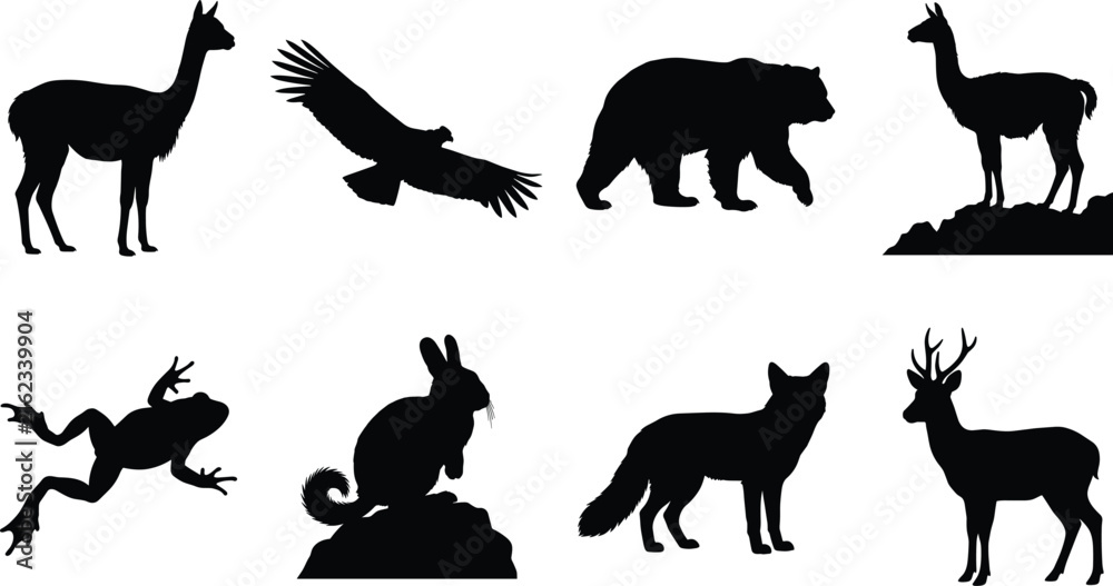 Naklejka premium Wild Animal Black Silhouette Vector Set Featuring Bear Deer Fox Eagle Rabbit Frog and Llama Collection