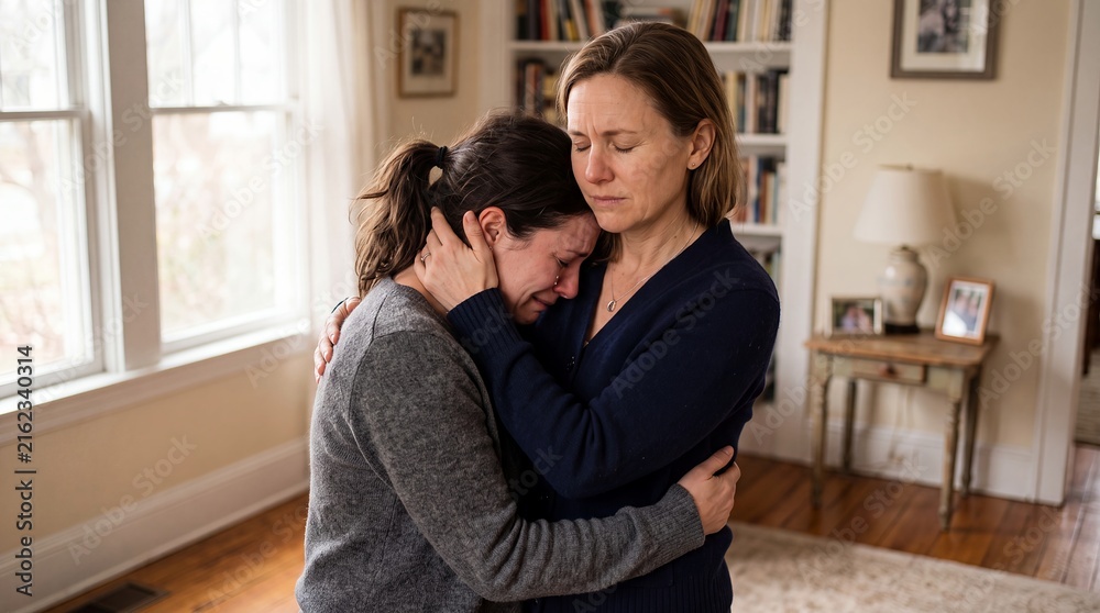 Fototapeta premium emotional support crying woman older friend embrace comfort empathy home mature companion holds a distressed younger woman close and provides a safe reassuring embrace in a living room