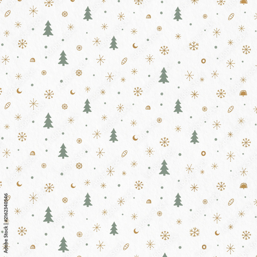 Seamless Christmas pattern background with textured cream white paper surface, sage green pine tree icons and gold snowflake shapes for cozy festive flat illustration design