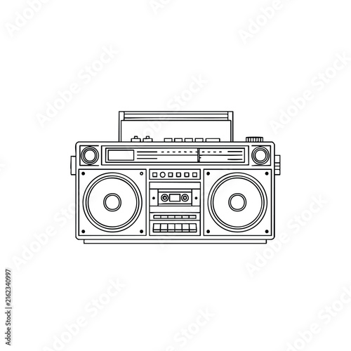 Line art illustration of a retro boombox, a portable cassette player with large speakers and controls, on a white background.
