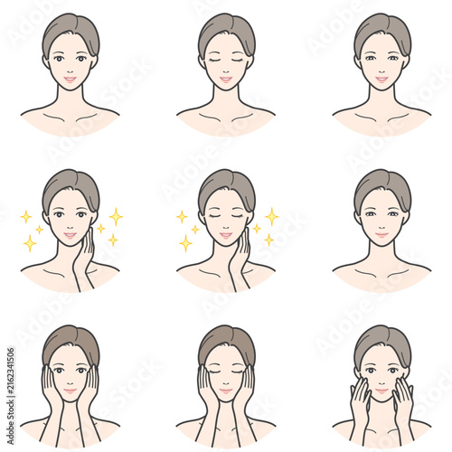 スキンケアと美肌の女性の表情イラストセット