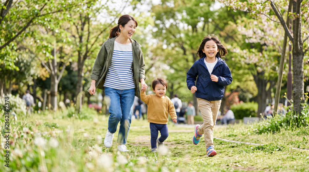 Fototapeta premium 新緑の公園を笑顔で元気に走る母親と子供たち