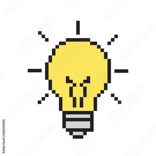 Pixel art glowing yellow light bulb icon with rays. Idea lightbulb concept in 8 bit style, isolated on white background.