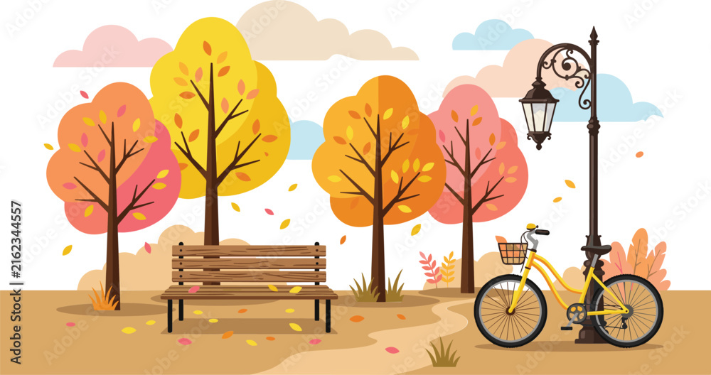 Naklejka premium Autumn Park Landscape Vector Illustration Featuring Colorful Trees Wooden Bench Path Street Lamp and Yellow Bicycle with Basket (19 words)