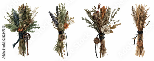 Cuadro en lienzo Hand tied bundles of dried herbs and botanicals featuring occult symbols like pe