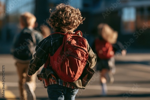 Schoolchildren with backpacks running outdoors for back to school education concept
