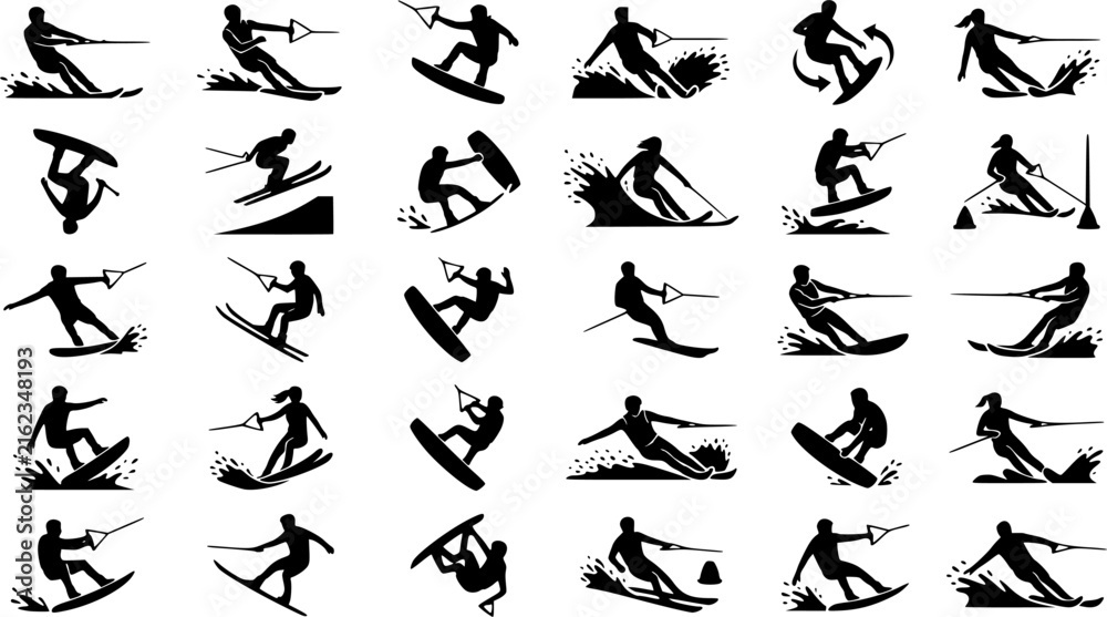 Fototapeta premium Jet Ski & Watercraft Silhouette Icon Set. Collection of water sports & diving silhouettes, including jet ski, watercraft, water vehicle, recreation, and more.