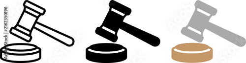Three gavel icons in different colors for law and justice themes and concepts.