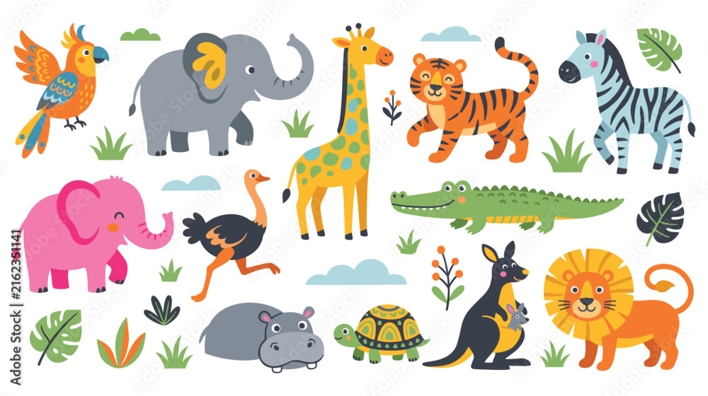 Naklejka premium Cute cartoon animals in a playful jungle setting for kids.