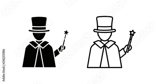Magician with top hat and wand a black and white line silhouette illusionist performer conjurer wizard sorcerer