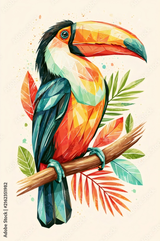 Naklejka premium Colorful geometric toucan perched on branch tropical illustration